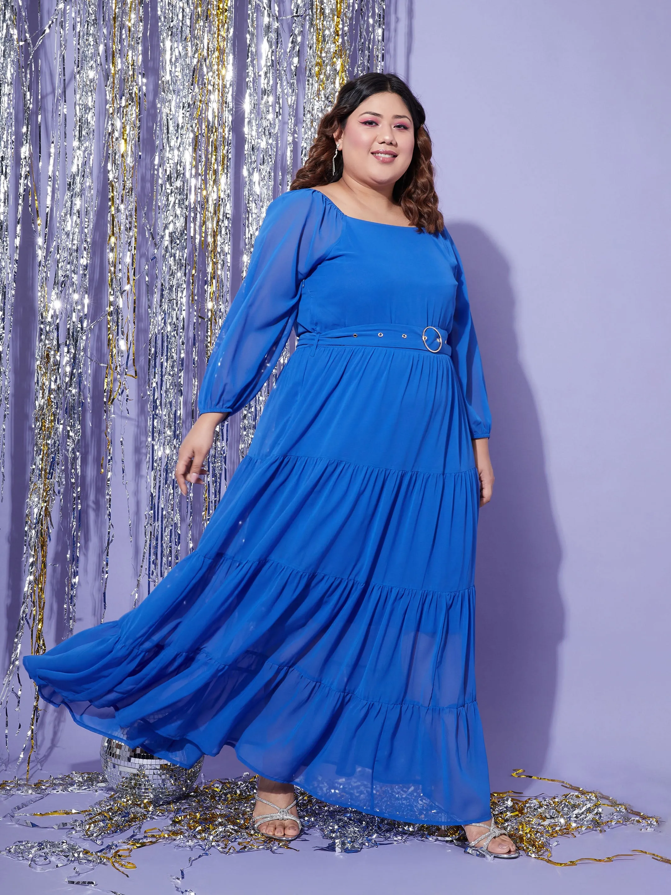 Women Blue Off Shoulder Tiered Maxi Dress