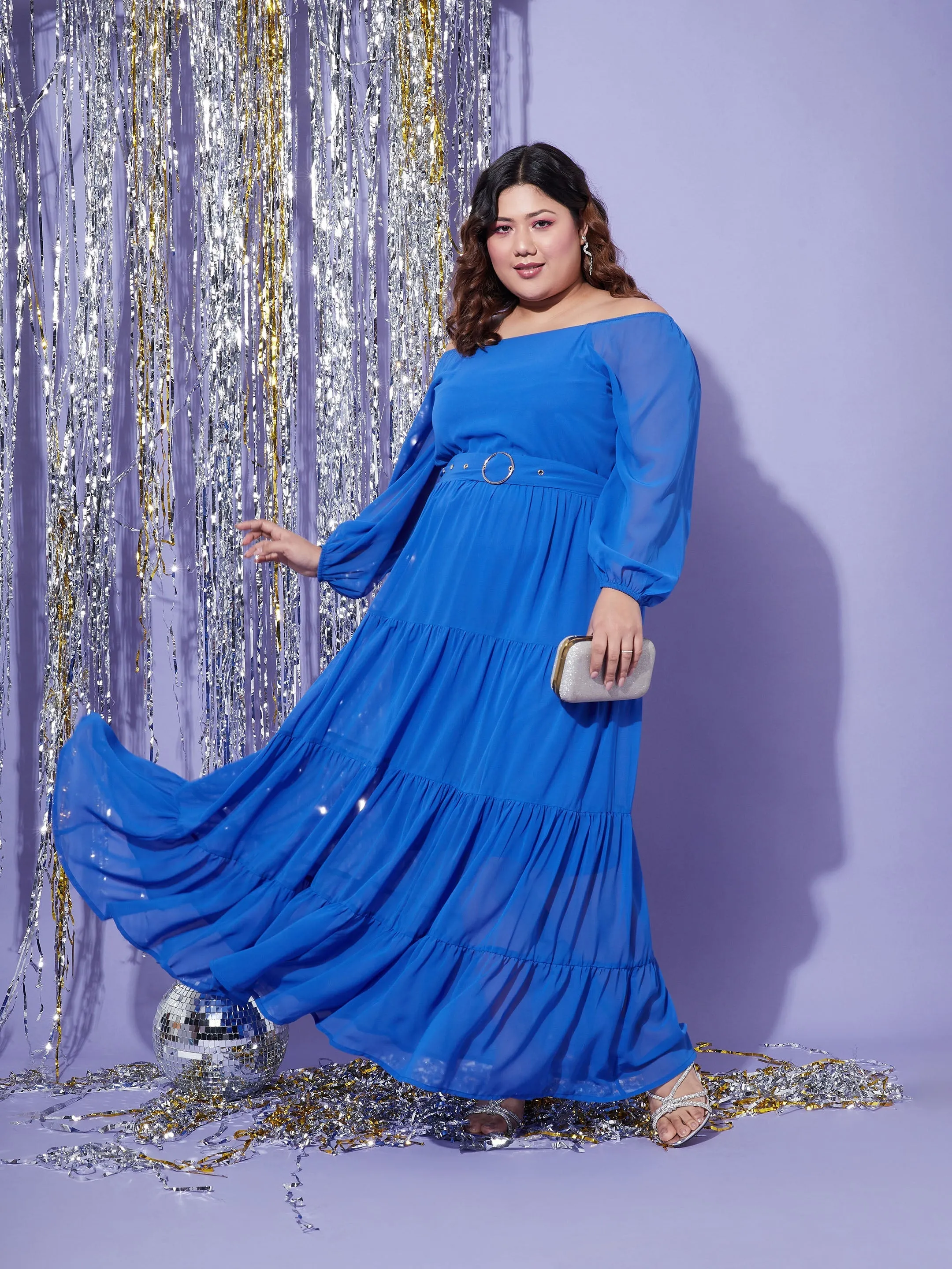 Women Blue Off Shoulder Tiered Maxi Dress