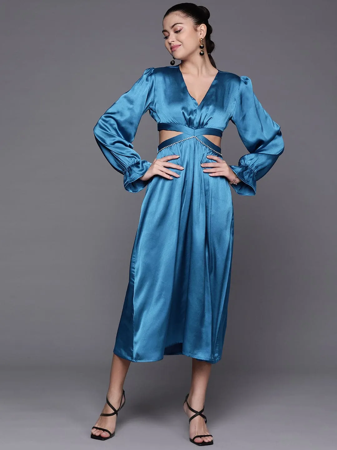 Women Blue Satin Cut Out Midi Dress