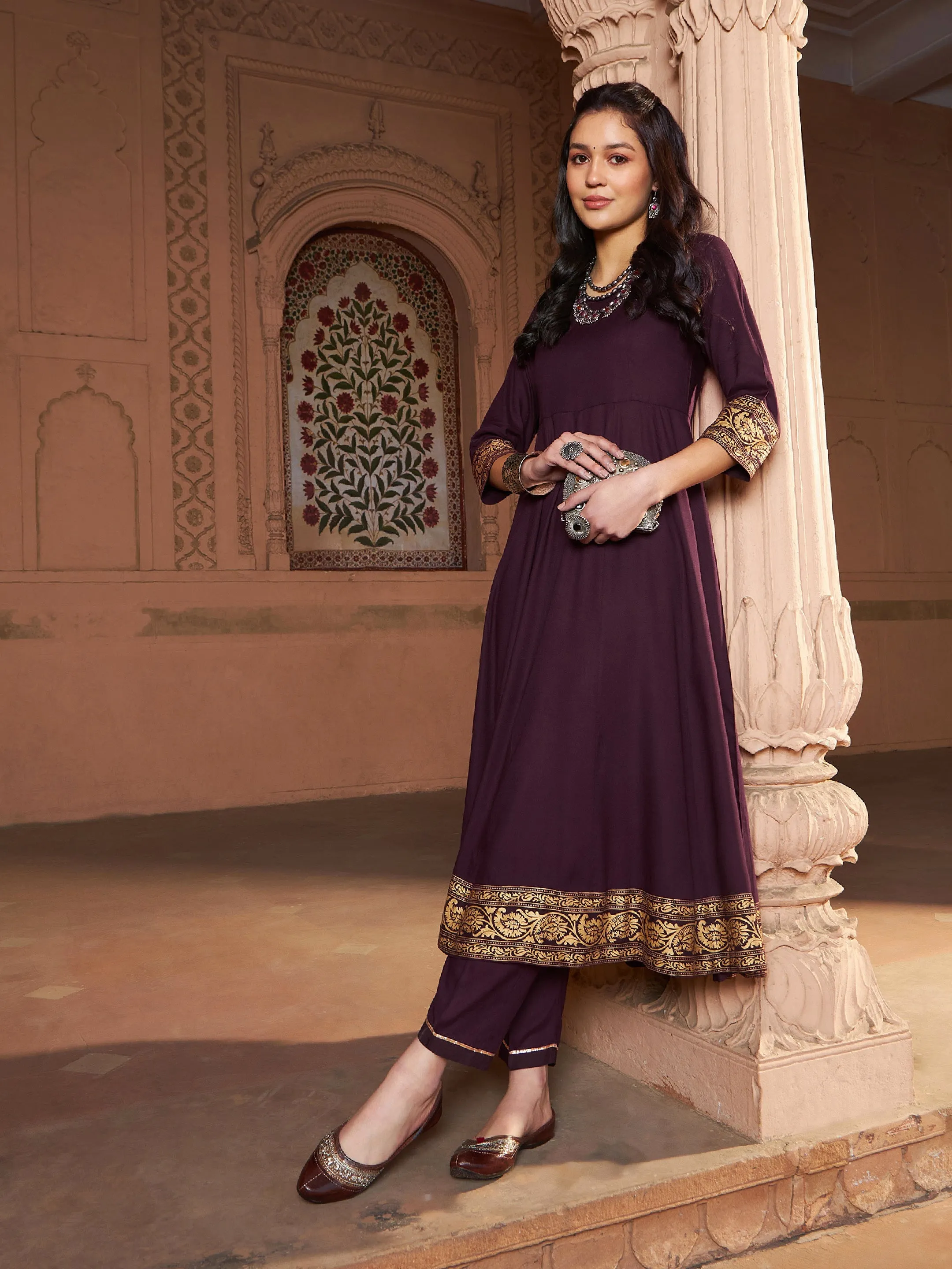 Women Burgundy Floral Foil Border Anarkali Kurta With Pants