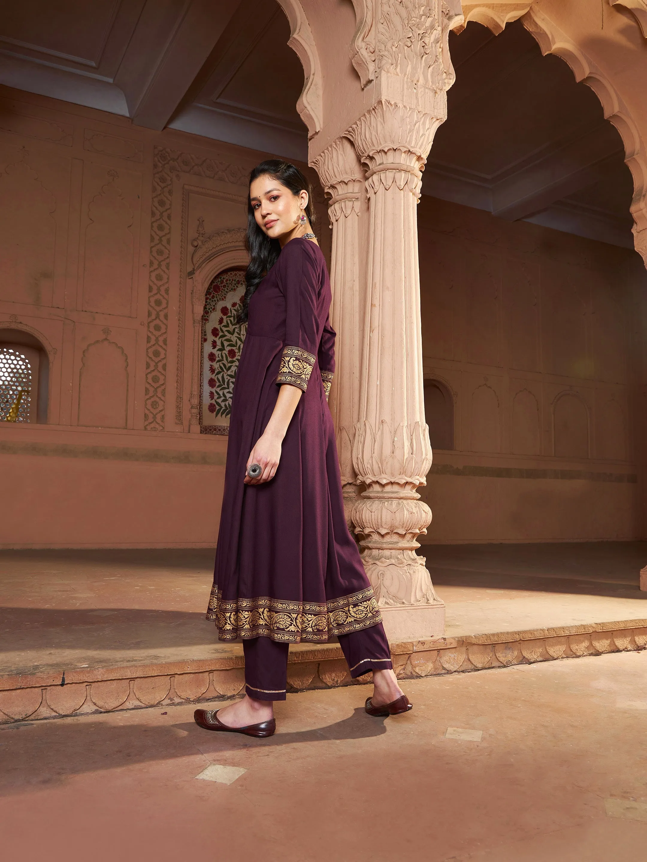 Women Burgundy Floral Foil Border Anarkali Kurta With Pants