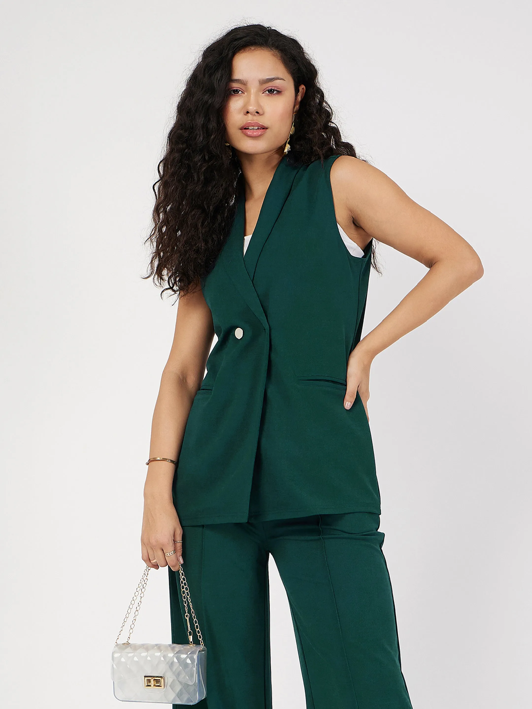 Women Emerald Double-Breast Sleeveless Longline Blazer