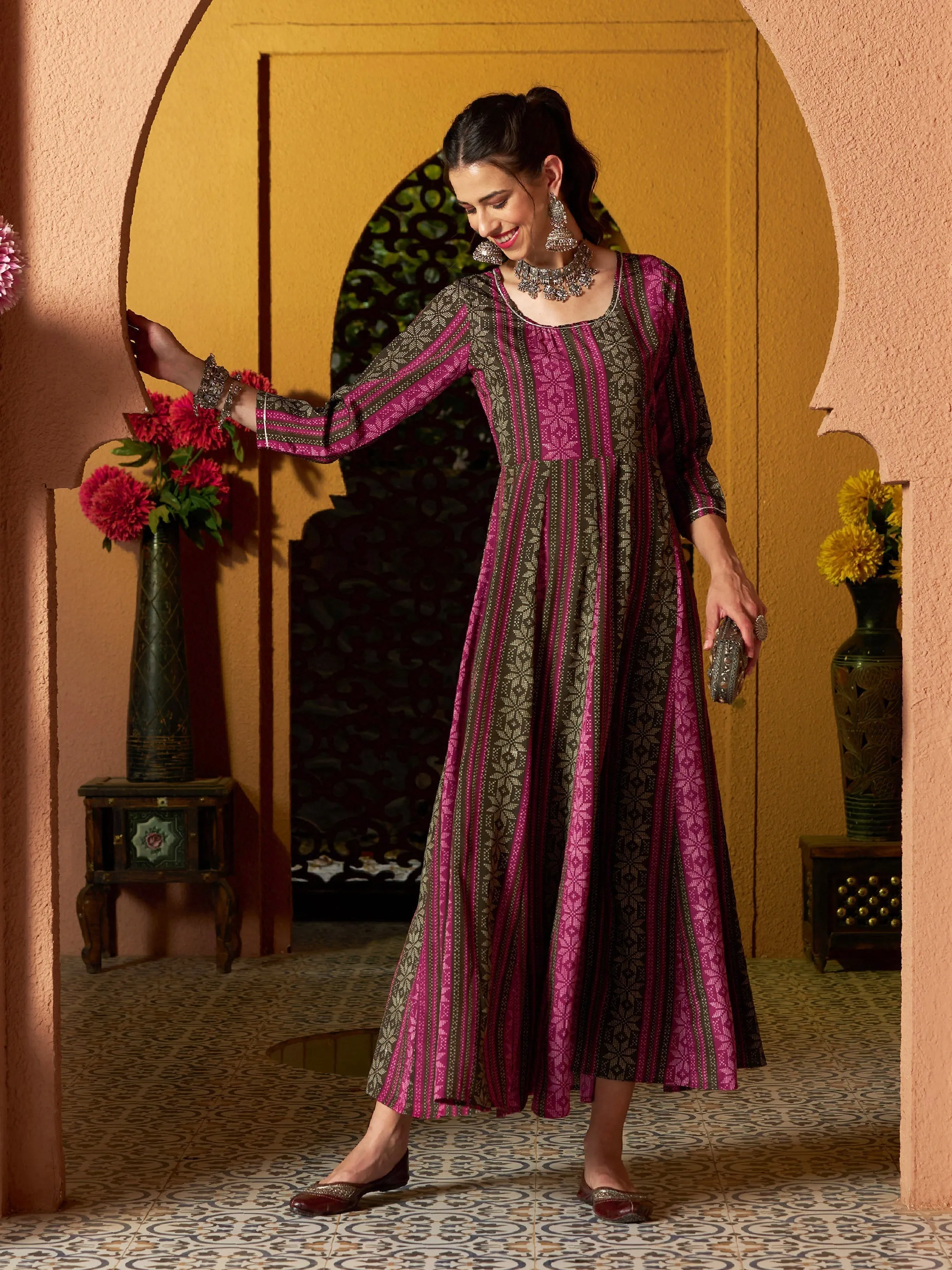 Women Maroon Geometric Floral Anarkali Maxi Dress