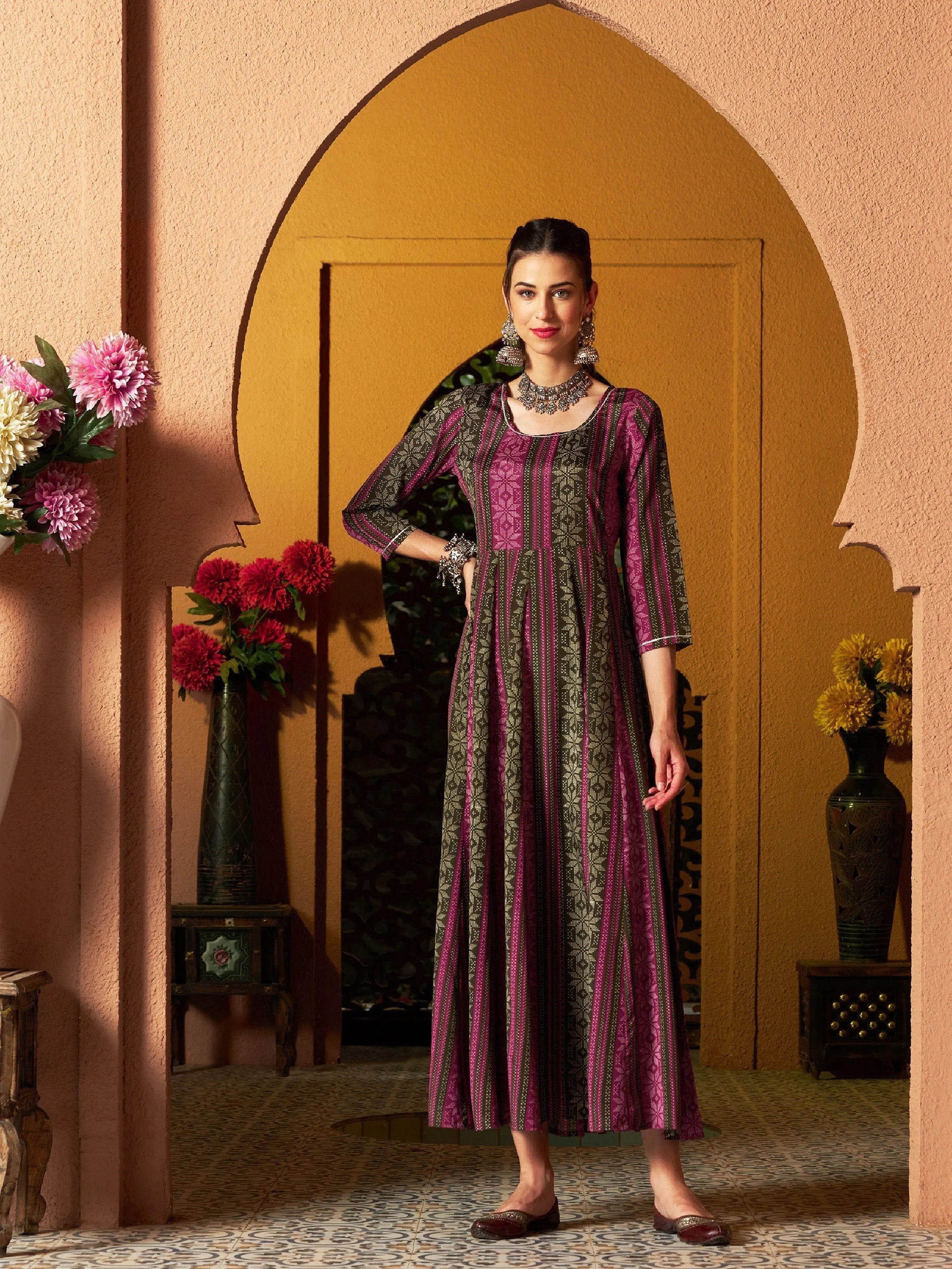 Women Maroon Geometric Floral Anarkali Maxi Dress