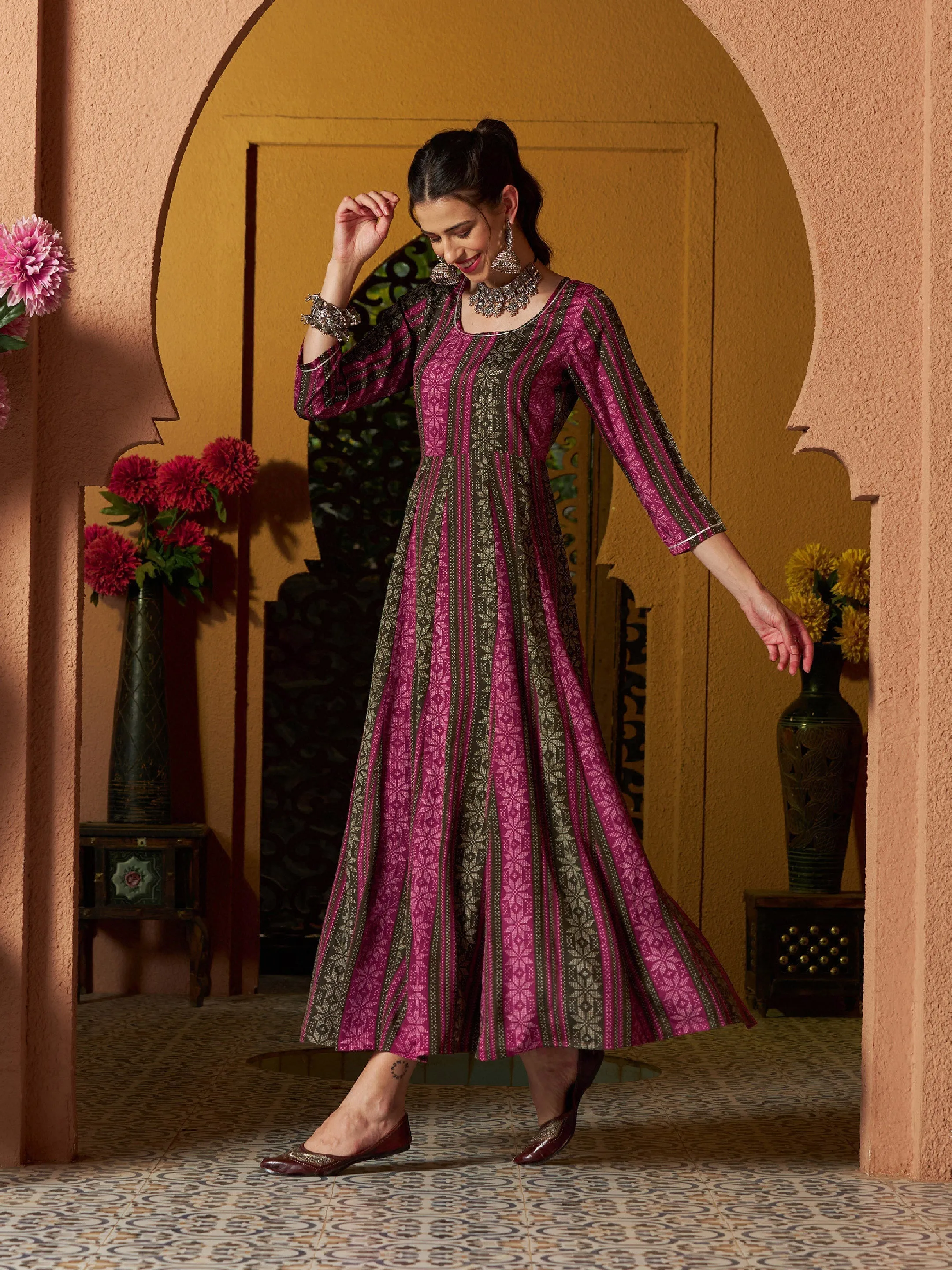 Women Maroon Geometric Floral Anarkali Maxi Dress