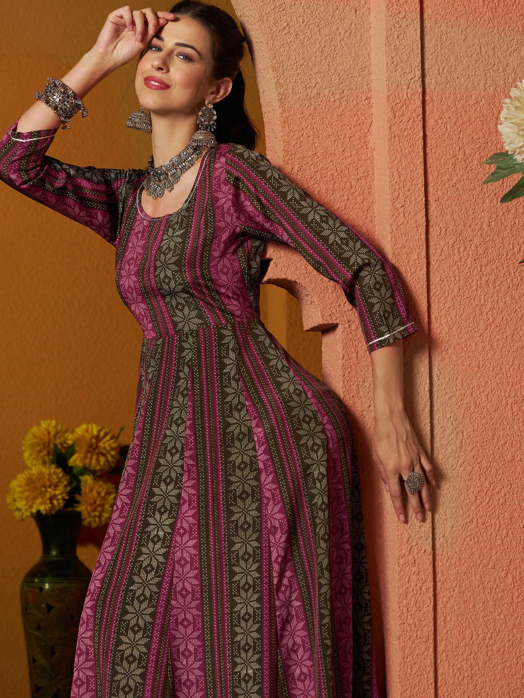 Women Maroon Geometric Floral Anarkali Maxi Dress