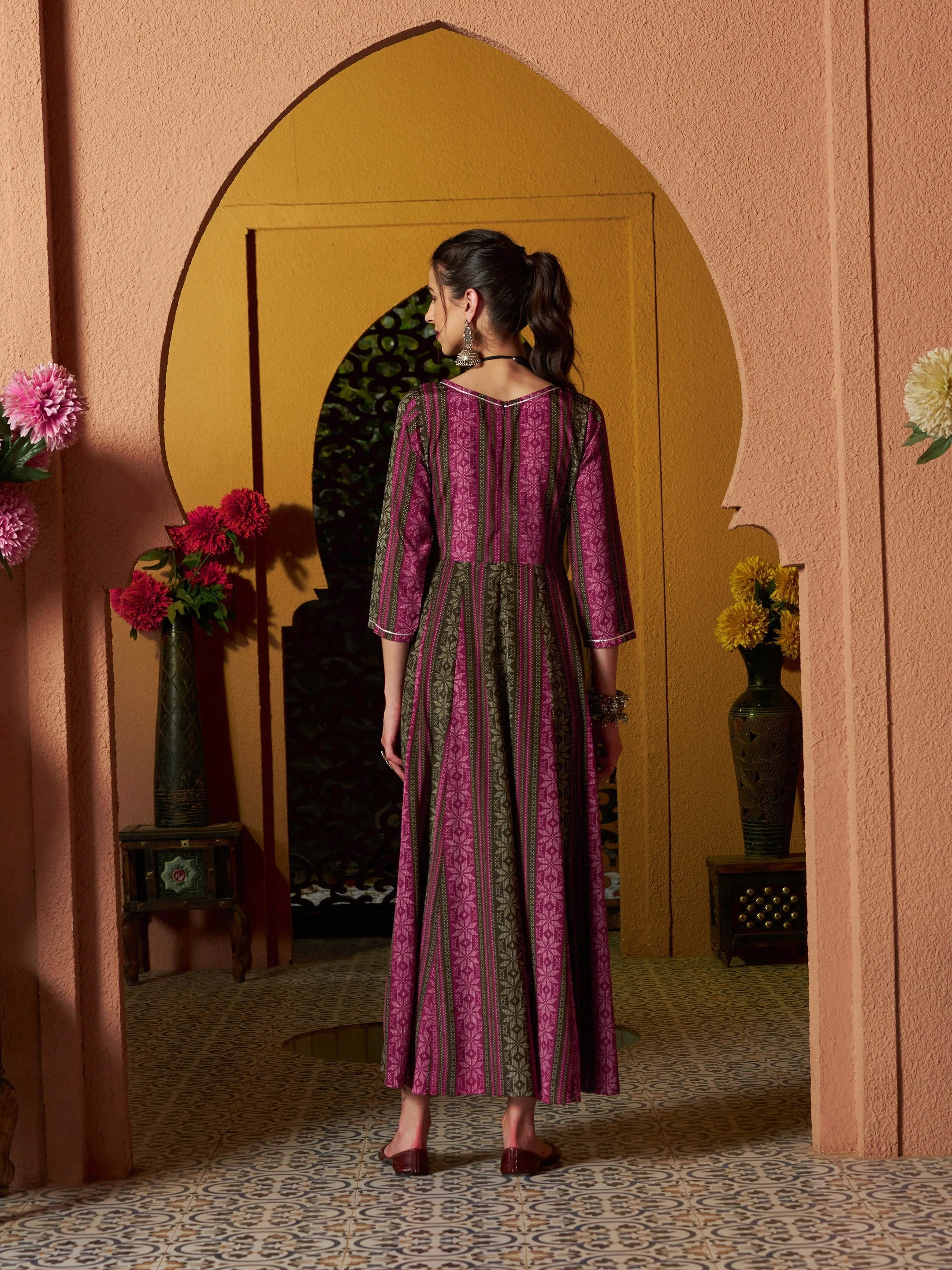 Women Maroon Geometric Floral Anarkali Maxi Dress