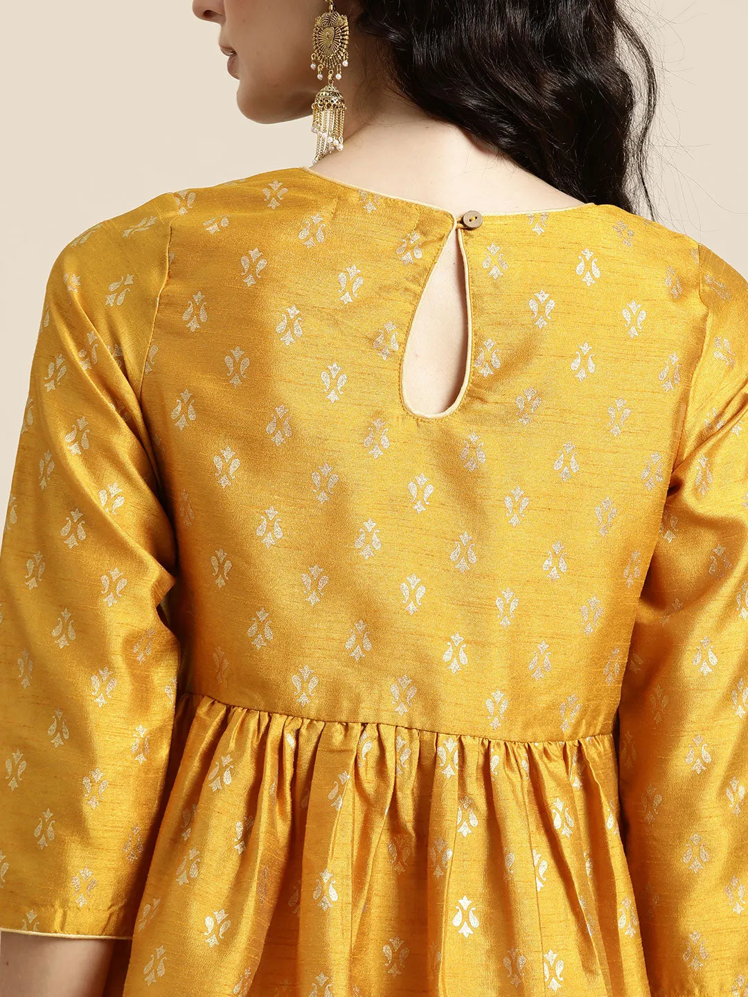 Women Mustard Foil Print Gathered Dress