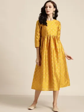 Women Mustard Foil Print Gathered Dress