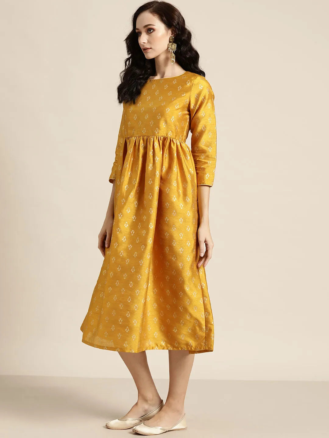 Women Mustard Foil Print Gathered Dress