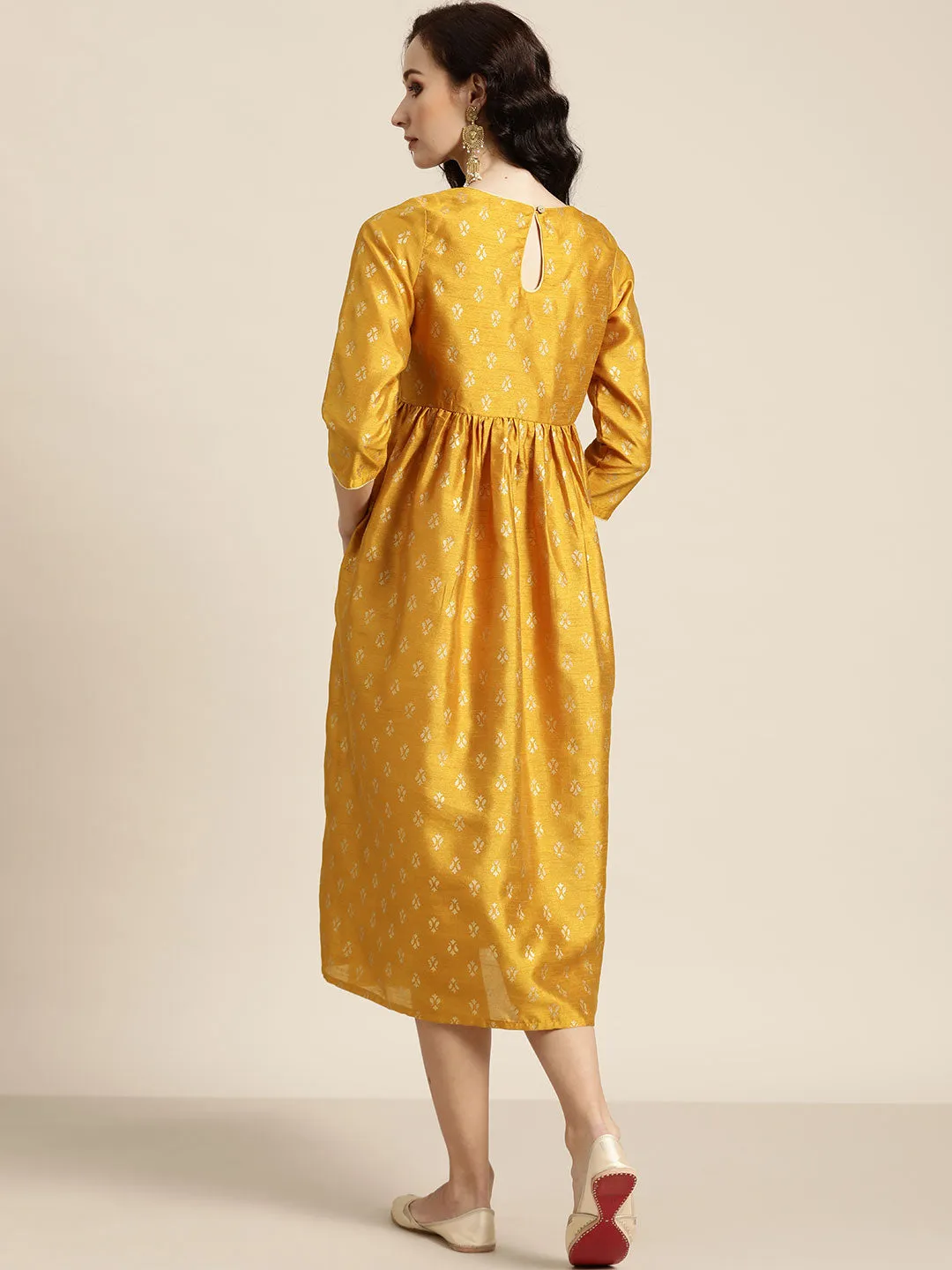 Women Mustard Foil Print Gathered Dress