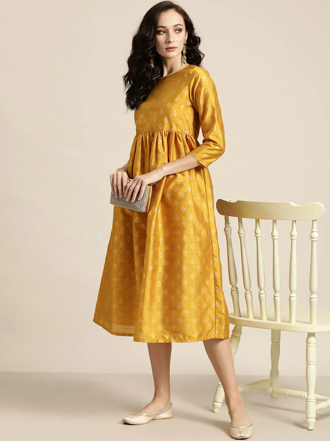 Women Mustard Foil Print Gathered Dress