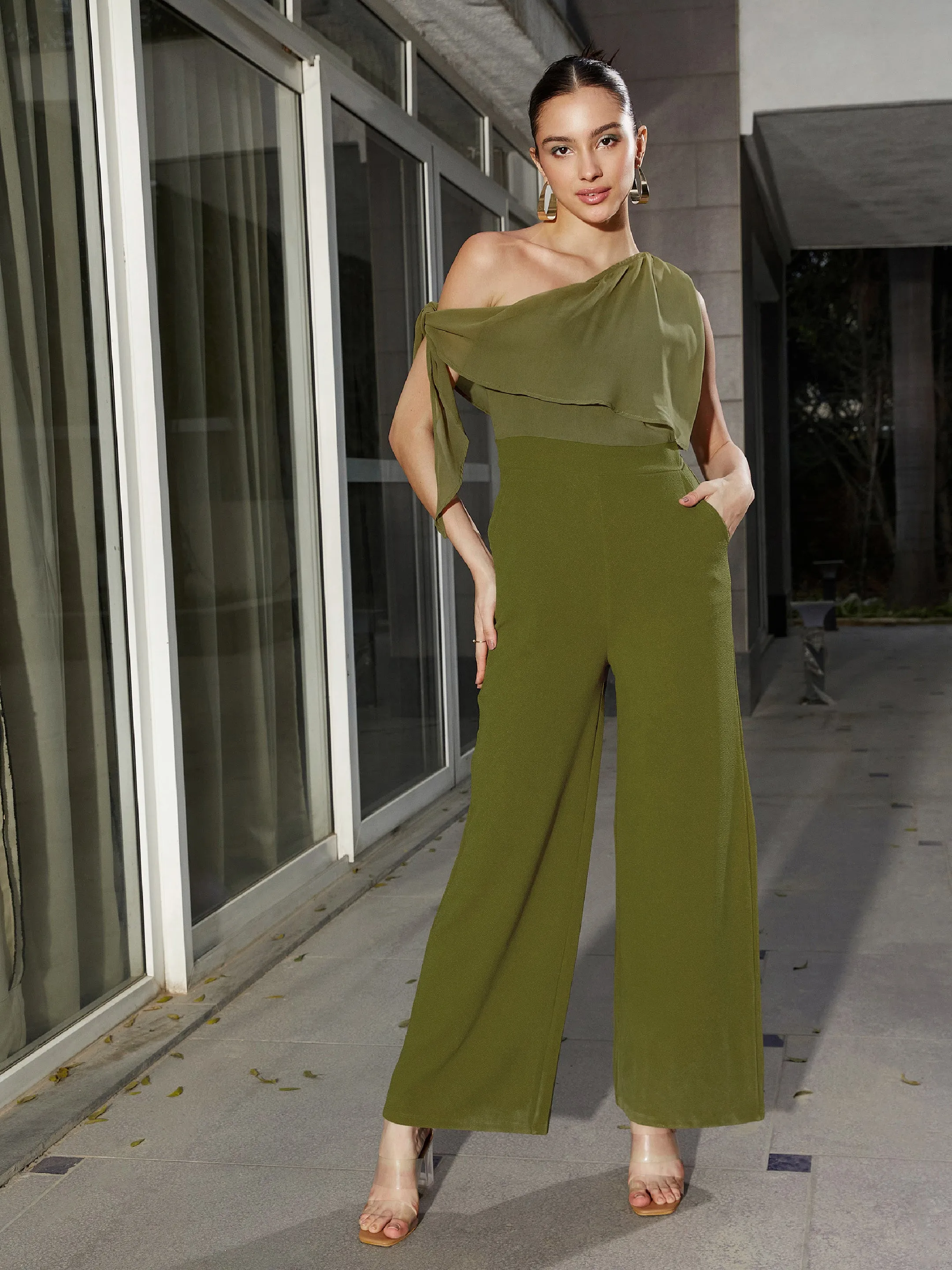 Women Olive One Shoulder Jumpsuit