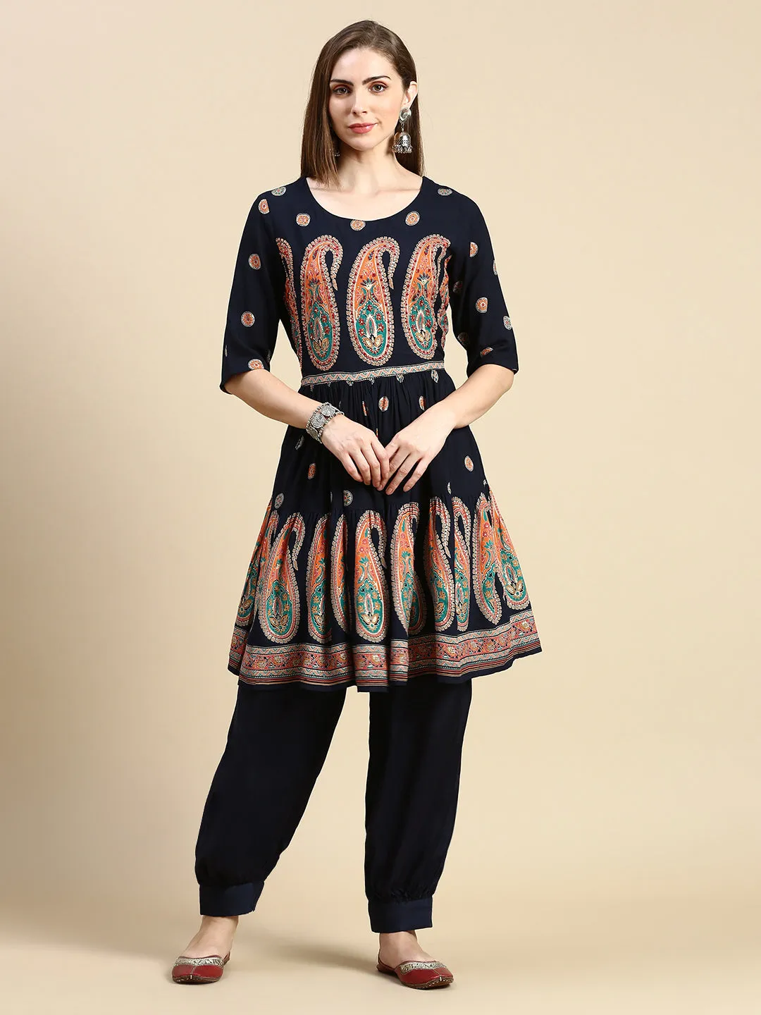 Women Paisley Navy Blue Anarkali Kurti