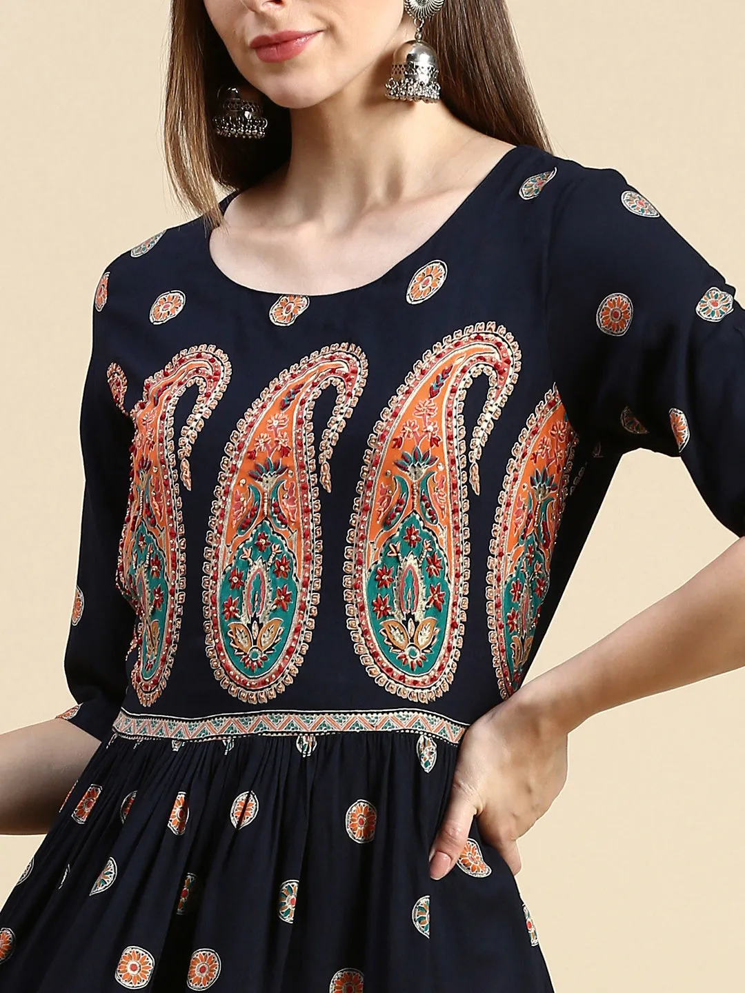 Women Paisley Navy Blue Anarkali Kurti