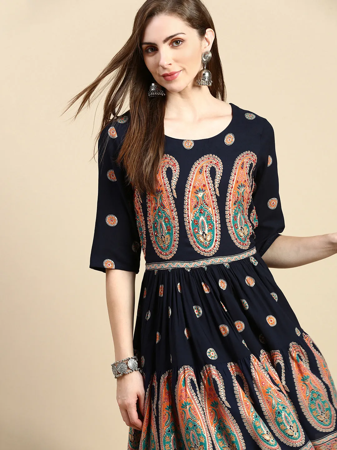 Women Paisley Navy Blue Anarkali Kurti