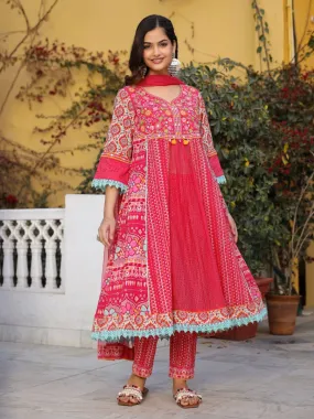 Women Pink Cotton Cambric & Net Floral Print With Embroidery Flared Kurta Set