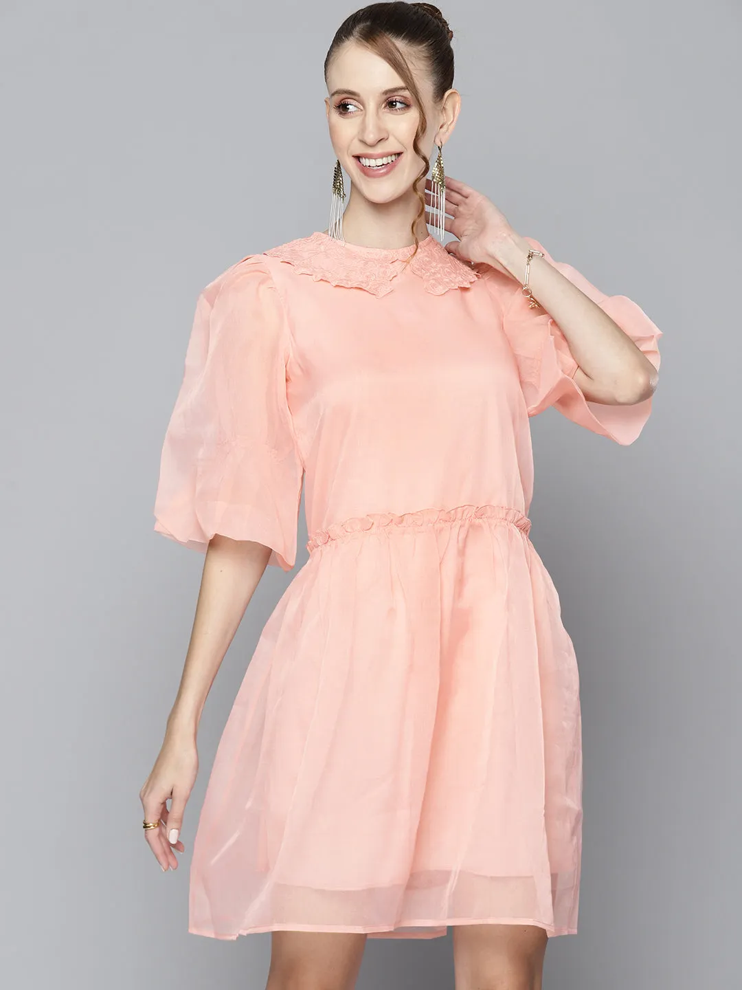 Women Pink Embroidered Collar Organza Dress