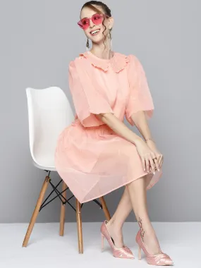 Women Pink Embroidered Collar Organza Dress