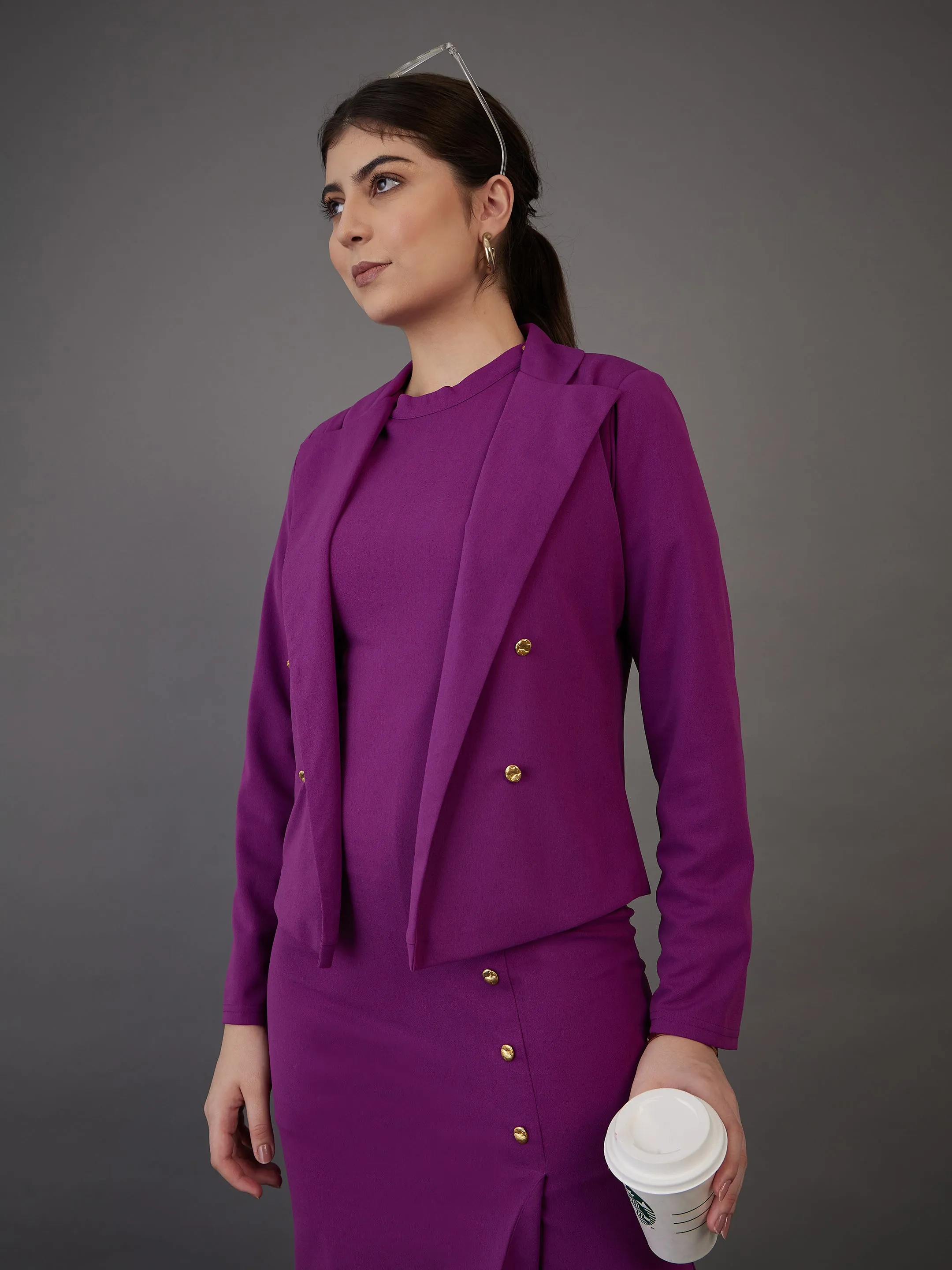 Women Purple Notch Collar Single-Breasted Blazer