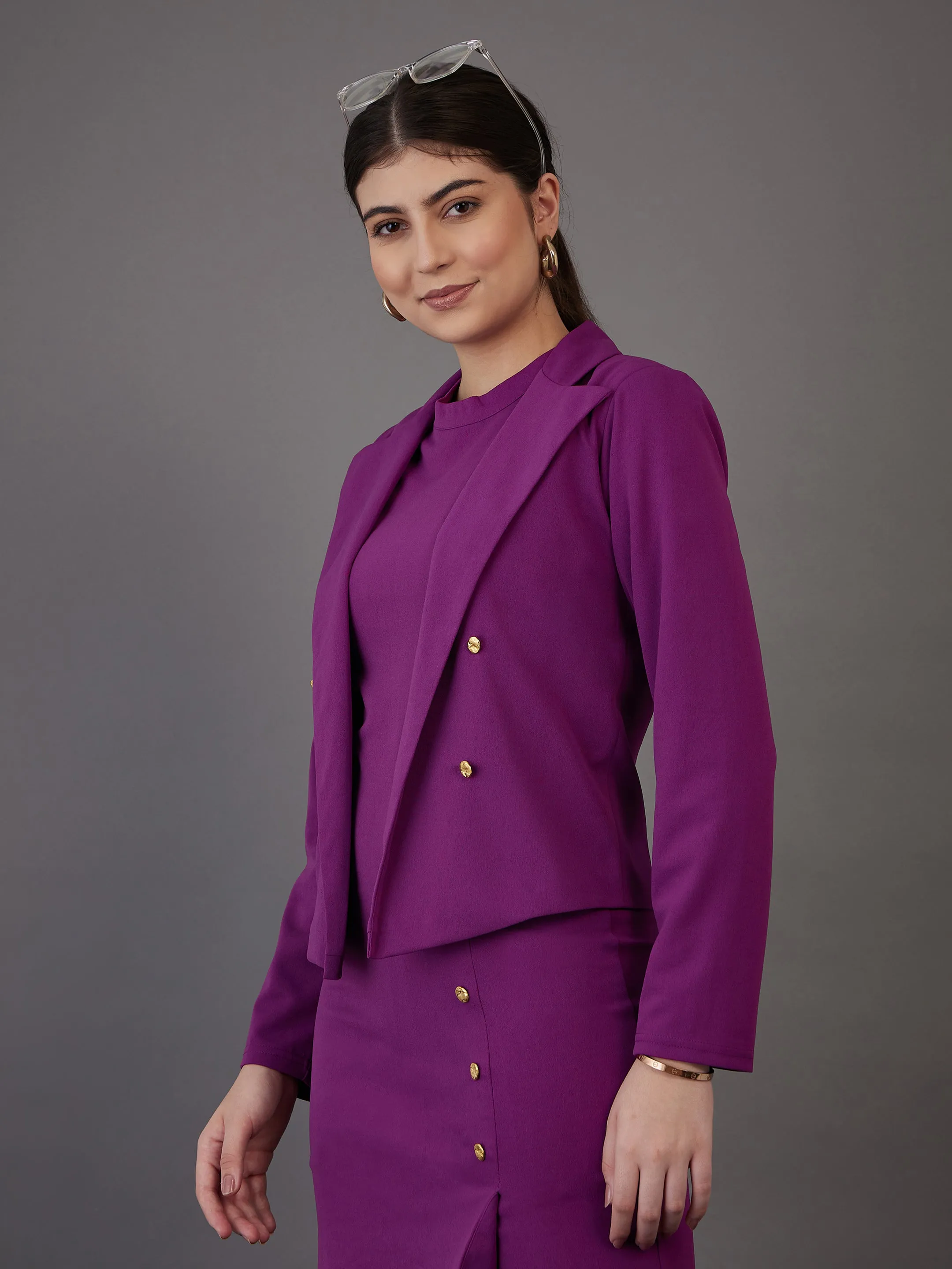 Women Purple Notch Collar Single-Breasted Blazer