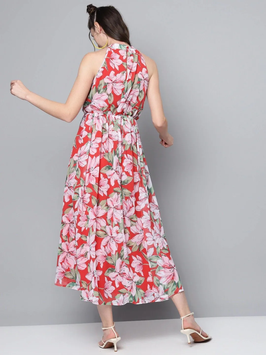 Women Red Floral Halter Neck Midi Dress