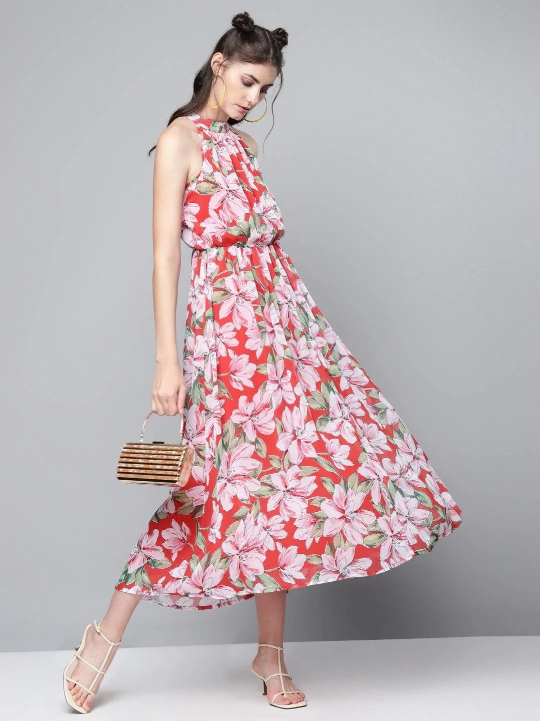 Women Red Floral Halter Neck Midi Dress