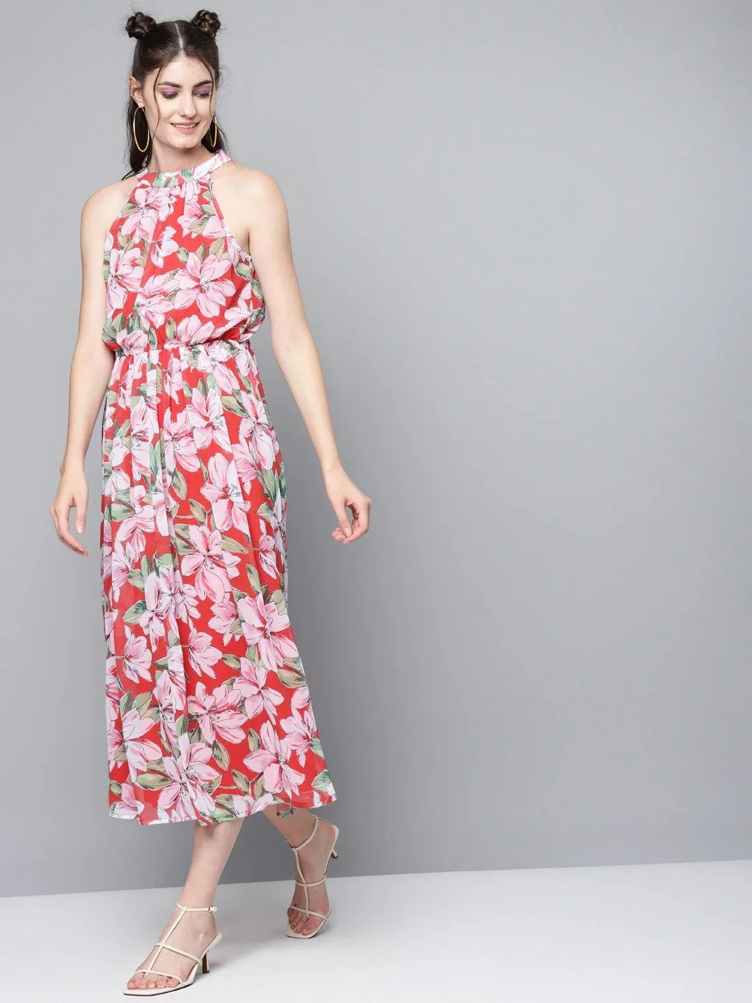 Women Red Floral Halter Neck Midi Dress