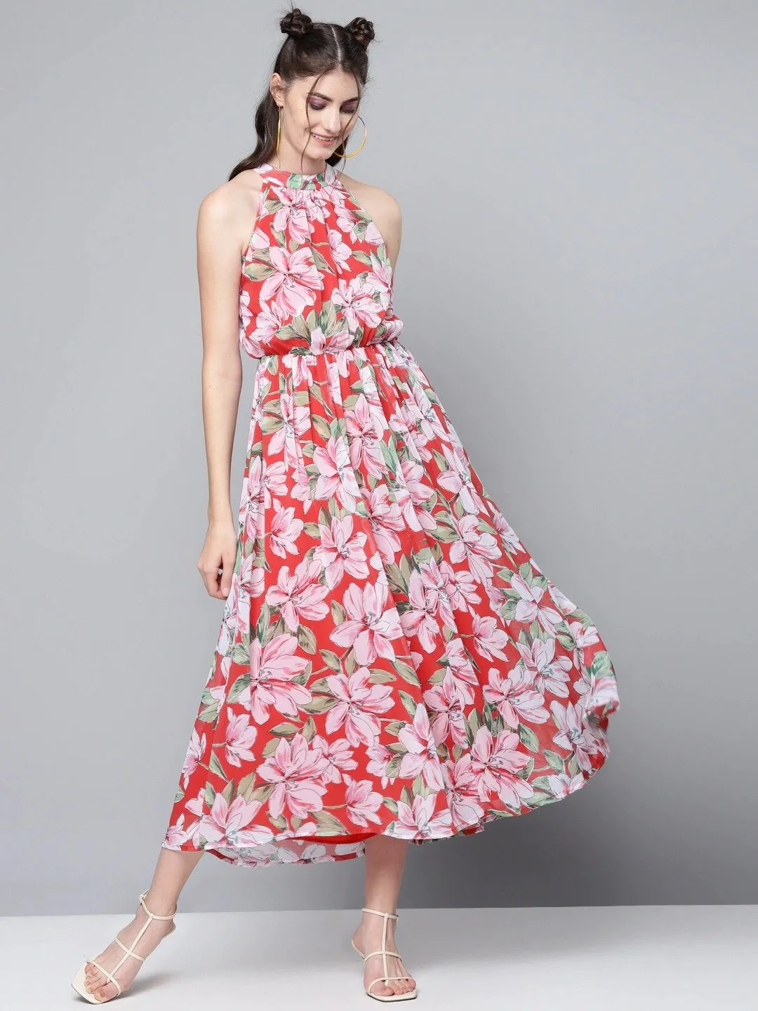 Women Red Floral Halter Neck Midi Dress