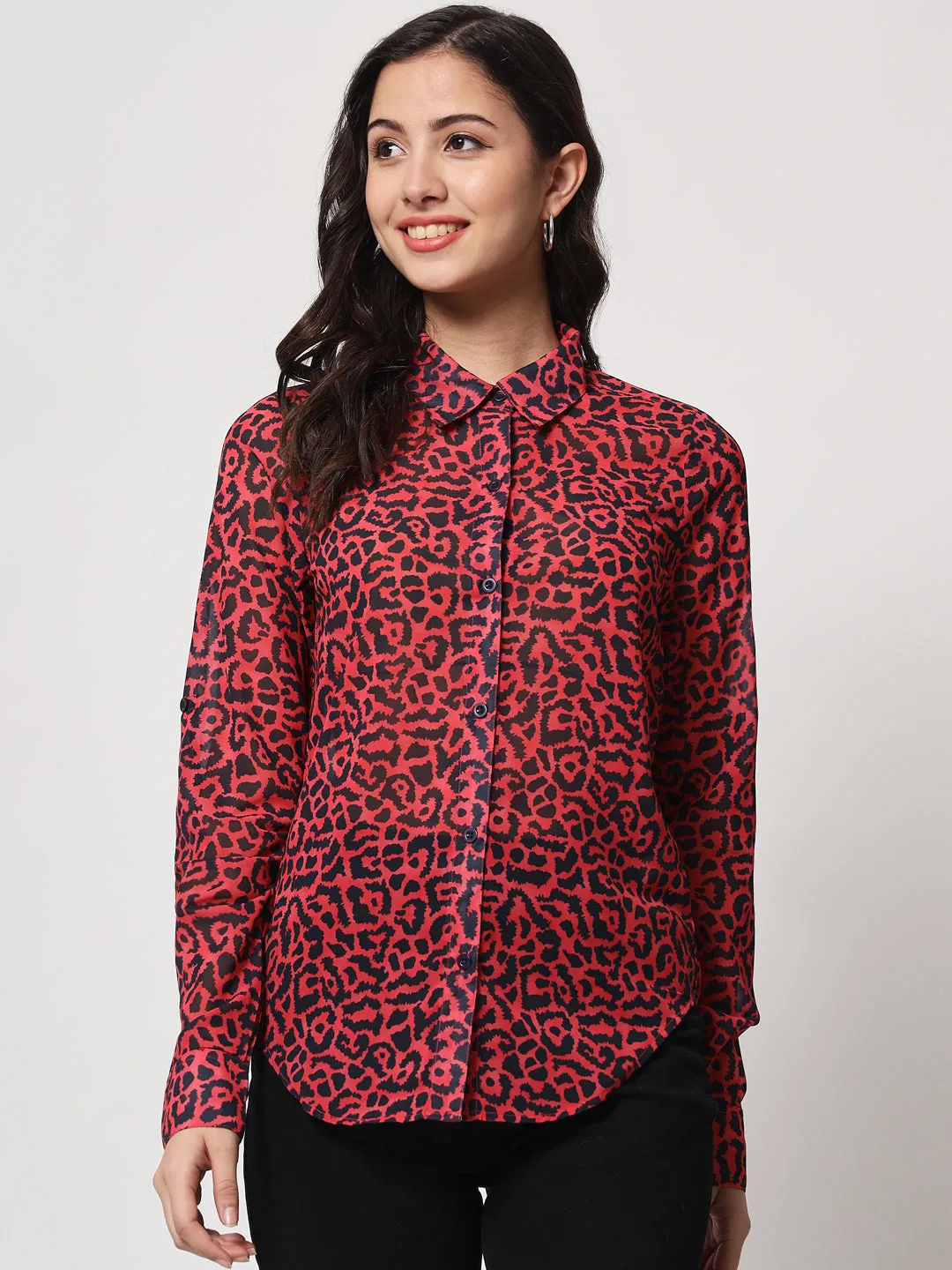 Women Red Relaxed Animal Printed Semi Sheer Casual Shirt