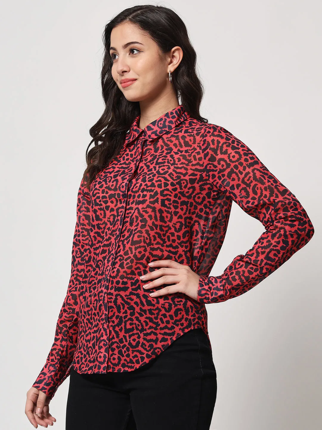 Women Red Relaxed Animal Printed Semi Sheer Casual Shirt