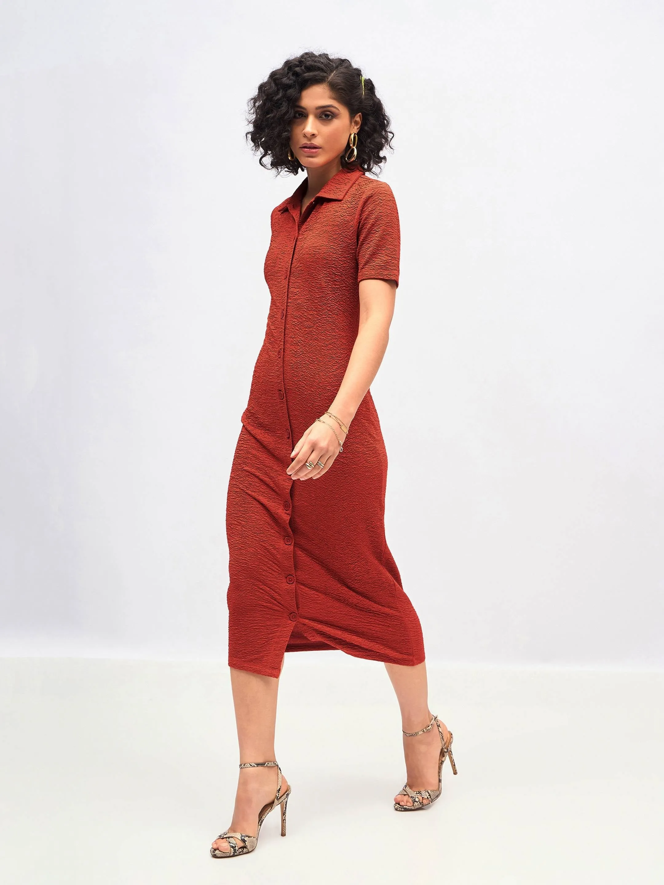 Women Rust Knitted Front Button Bodycon Midi Dress