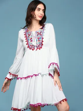 Women White Embroidered Fit and Flare Kurti