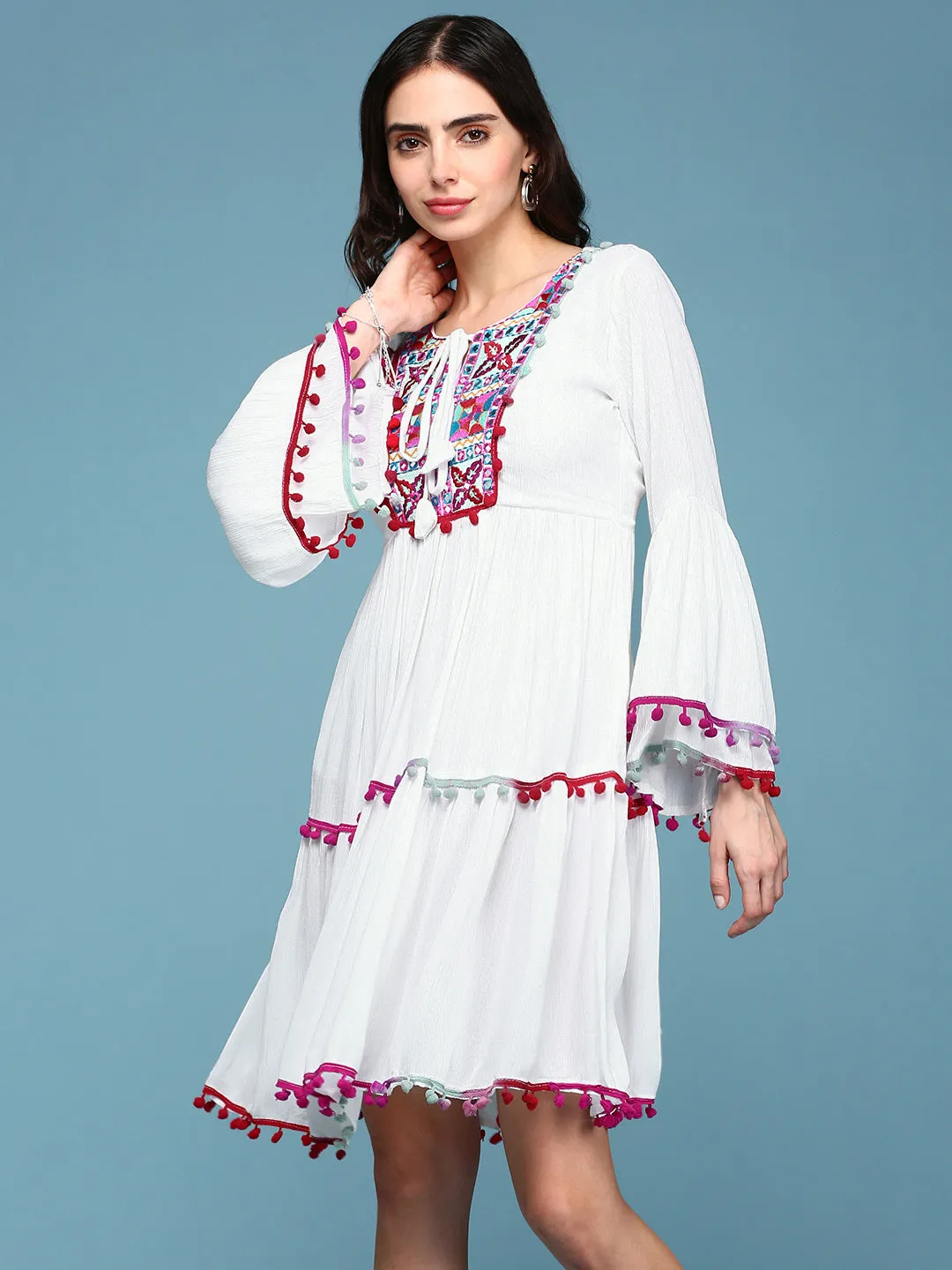 Women White Embroidered Fit and Flare Kurti