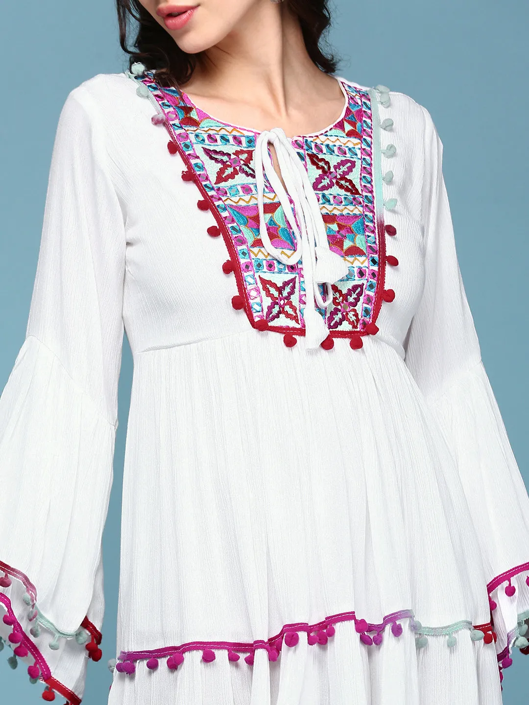 Women White Embroidered Fit and Flare Kurti