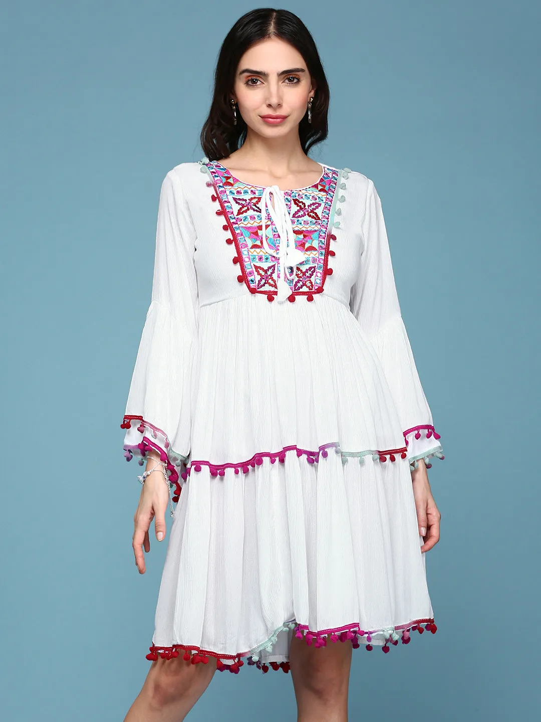 Women White Embroidered Fit and Flare Kurti