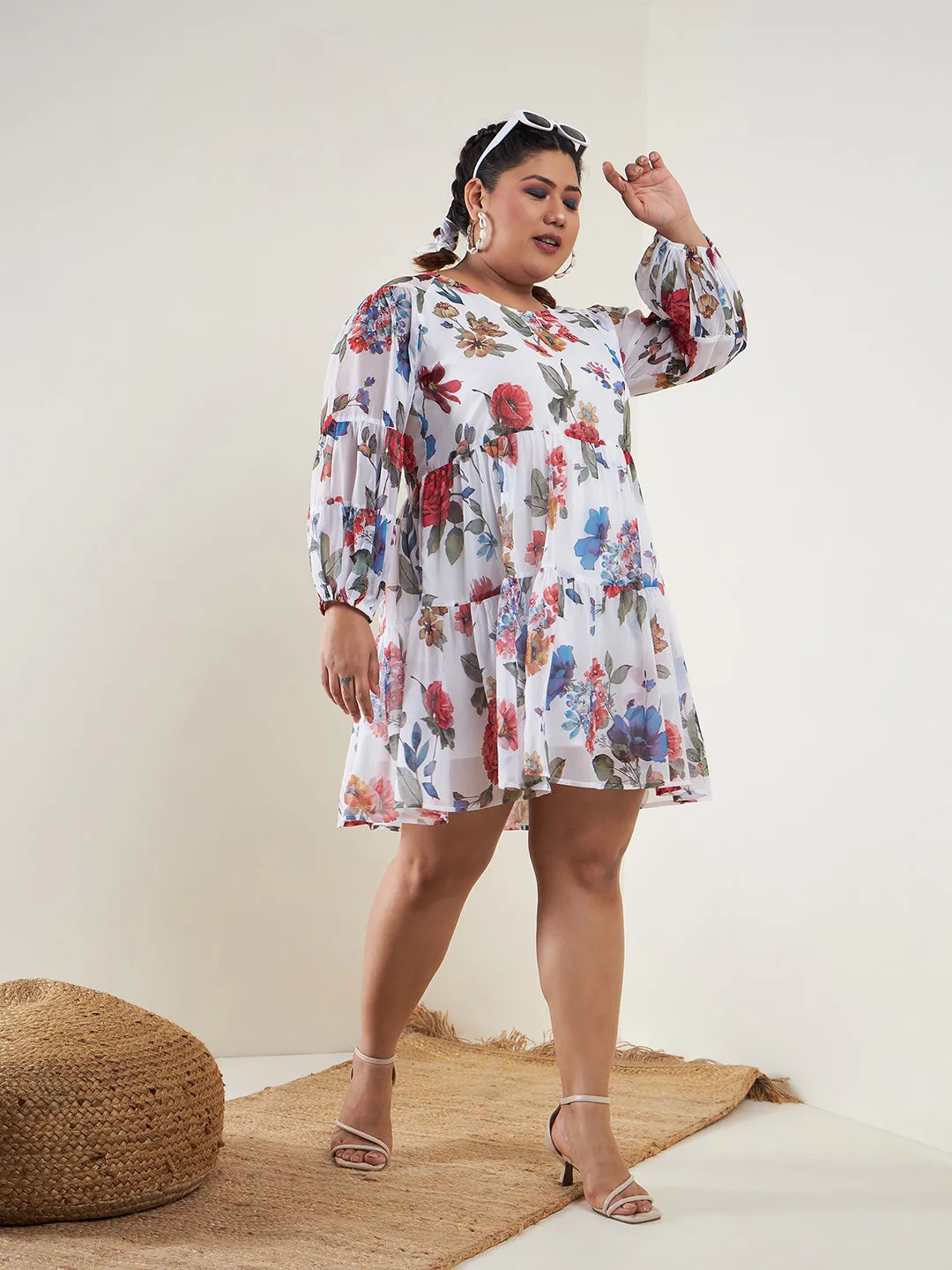 Women White Floral Raglan Sleeves Tiered Dress