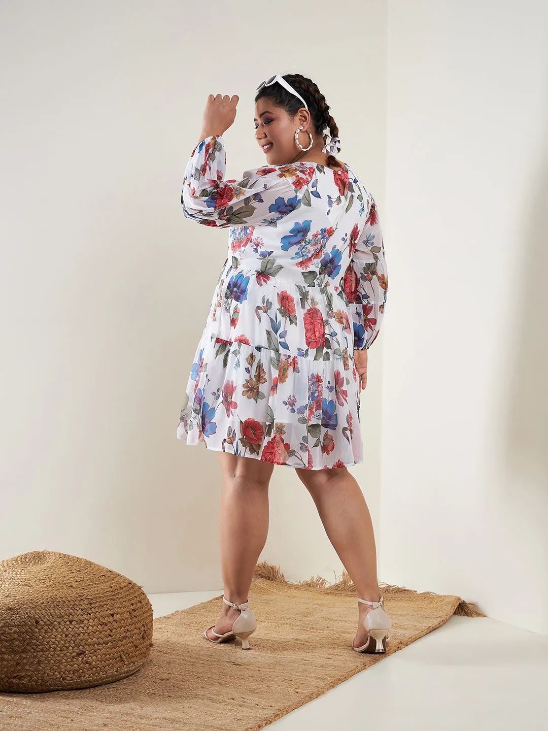 Women White Floral Raglan Sleeves Tiered Dress