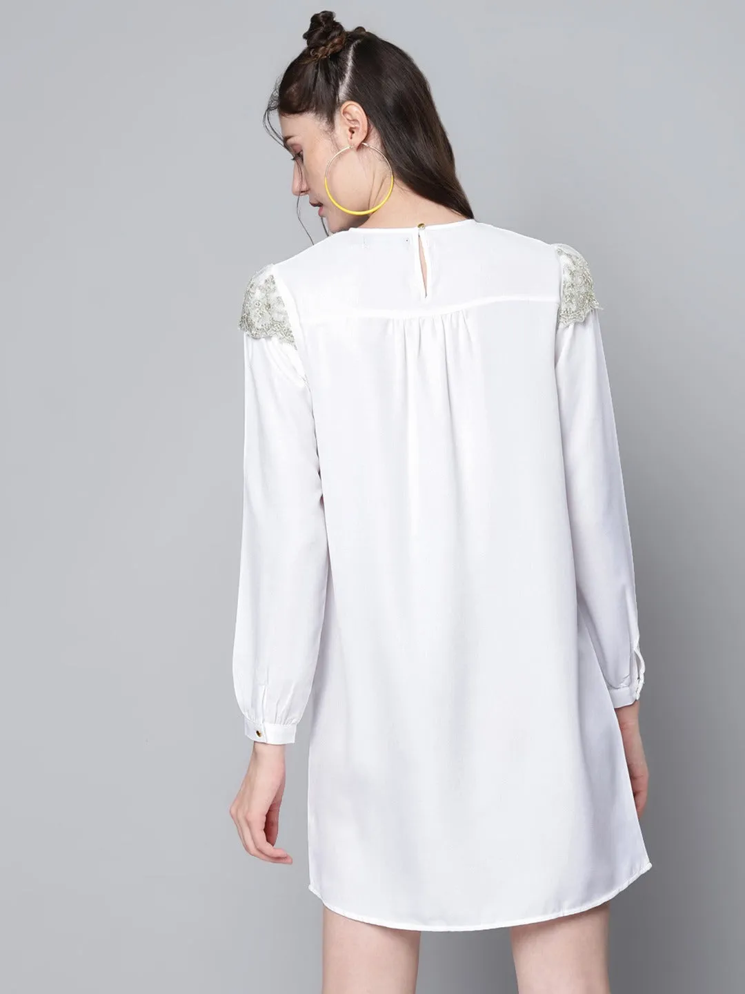 Women White Shoulder Lace Patch Dress