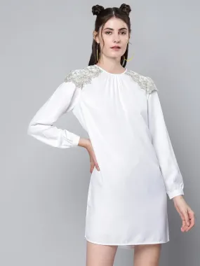 Women White Shoulder Lace Patch Dress