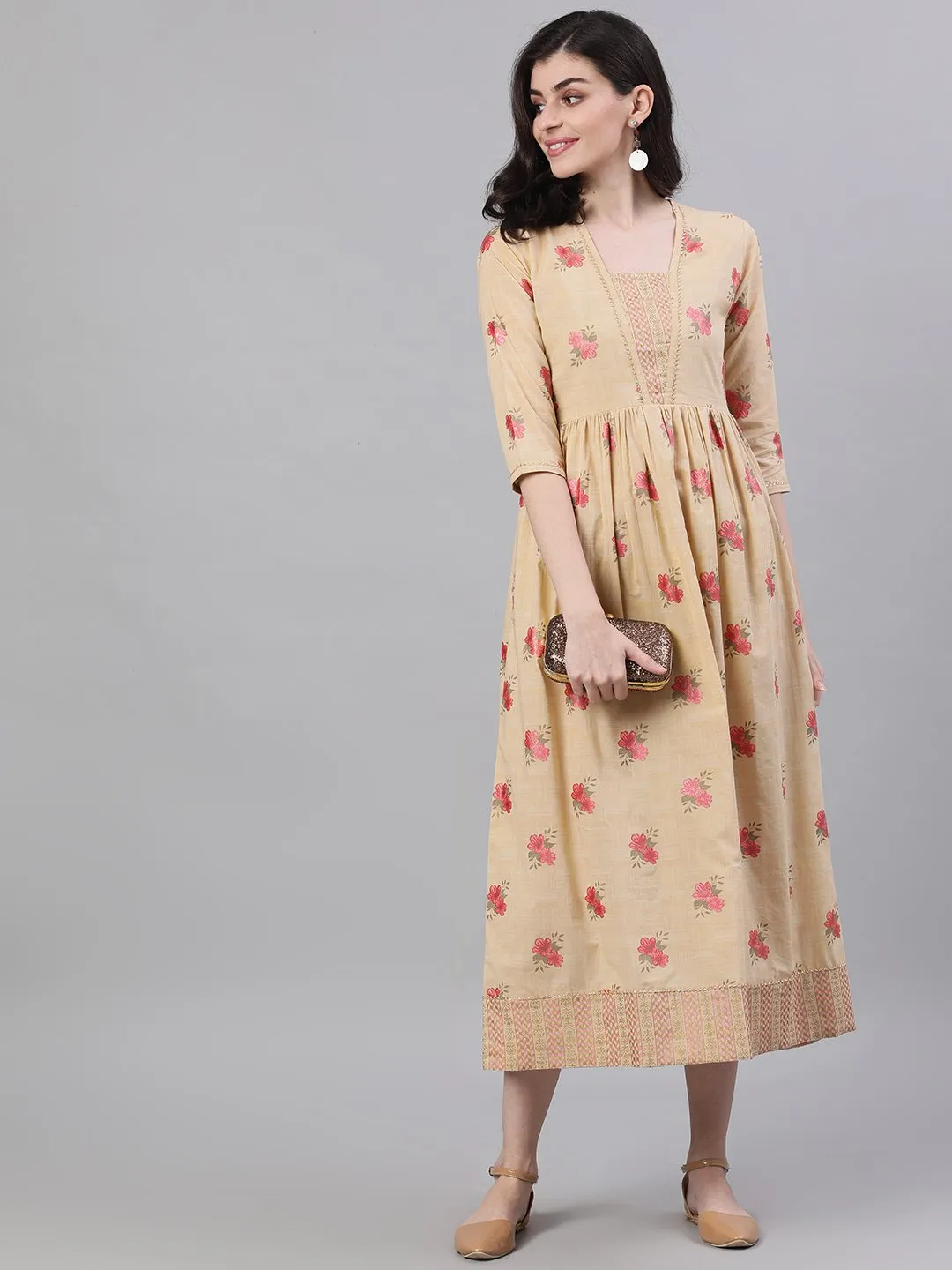 Women Yellow Floral Printed Square Neck Cotton Maxi Dress