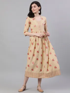 Women Yellow Floral Printed Square Neck Cotton Maxi Dress