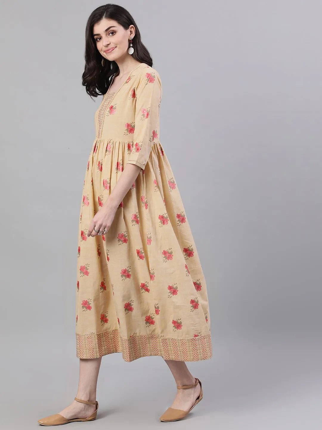 Women Yellow Floral Printed Square Neck Cotton Maxi Dress