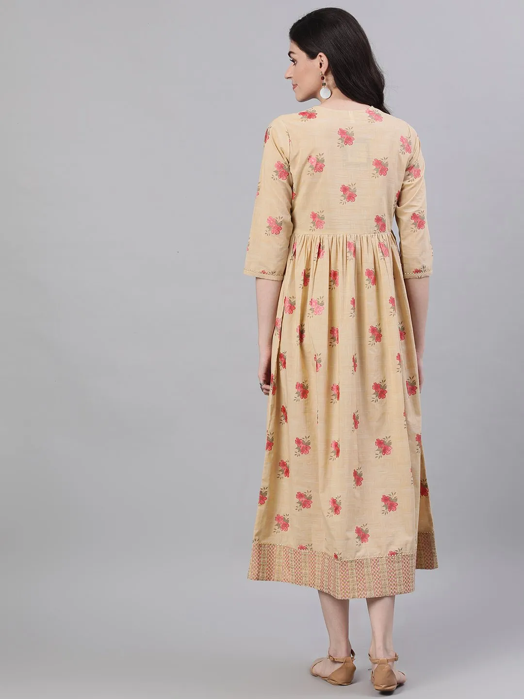 Women Yellow Floral Printed Square Neck Cotton Maxi Dress